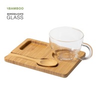 Taza de cristal con bandeja de bambú