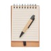 Cuaderno con bolígrafo y páginas, dedo índice y memorándum adhesivo reposicionable publicidad